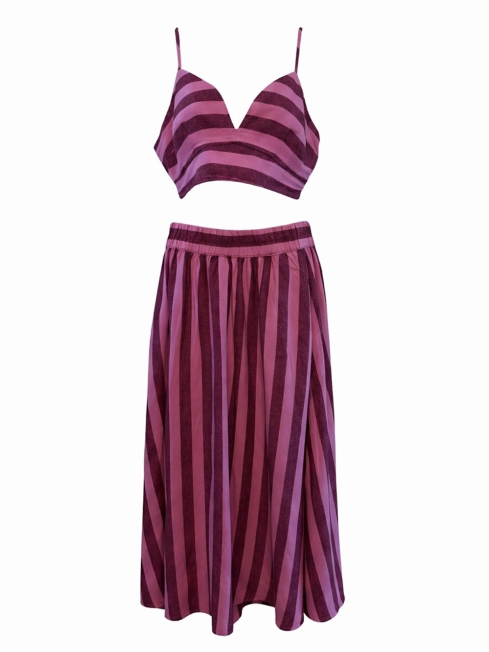 Two-Piece By A New DayPink & Burgundy Cropped Top W/Spaghetti Straps & Midi Skir